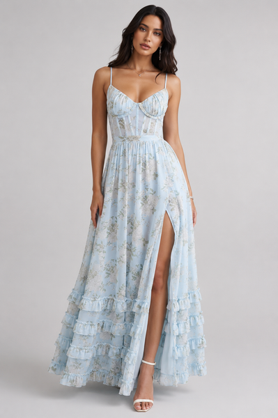 Iris Ruffle Maxi Dress – Blue - L - Women's Fashion