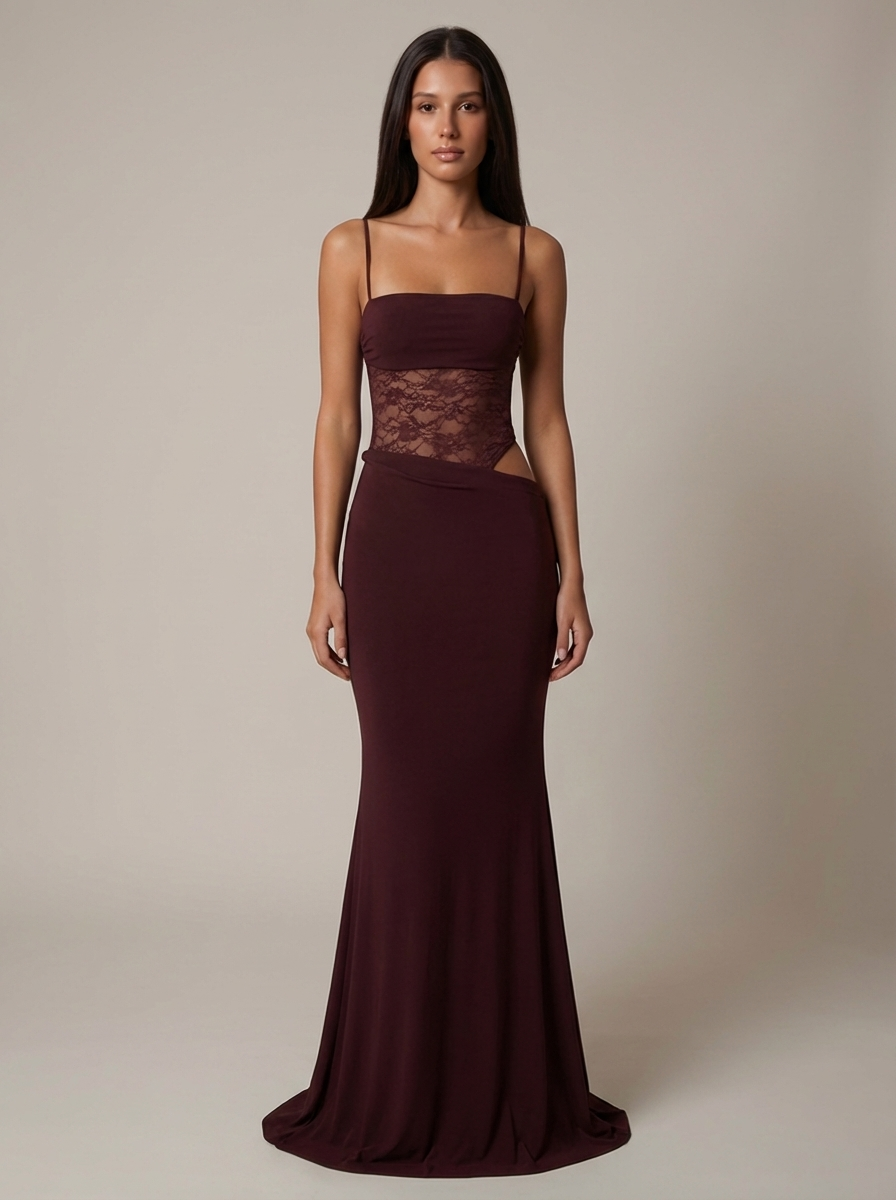 Front view of burgundy maxi dress with sheer lace corset waist, hip cutout and long hem
