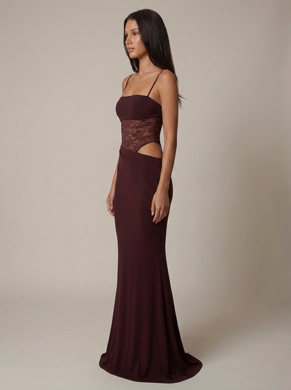Side view burgundy maxi dress showing lace waist panel, high hip cutout and fitted column skirt