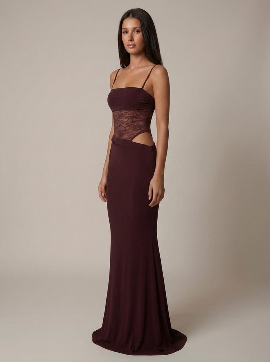 Three-quarter view burgundy maxi dress with lace bodice overlay, asymmetric hip cutout and fitted skirt