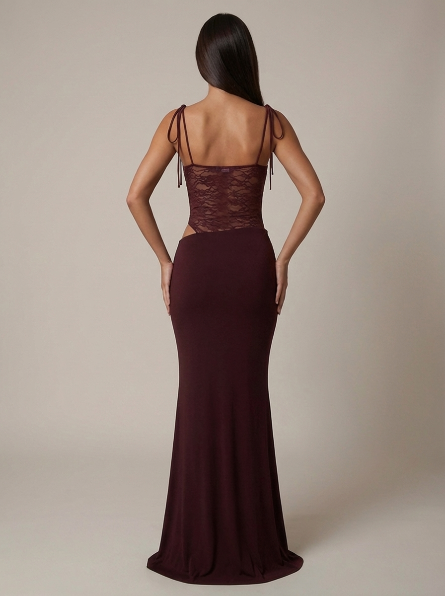 Back view burgundy maxi dress with sheer lace bodice, tie shoulder straps and open back detail