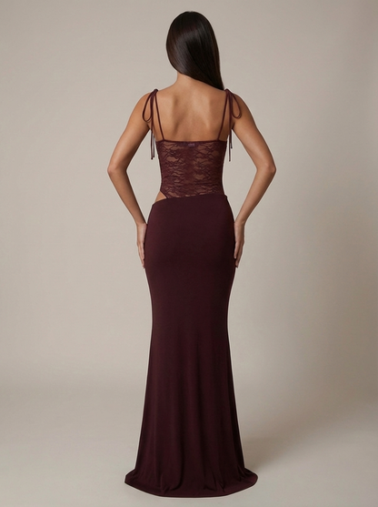 Back view burgundy maxi dress with sheer lace bodice, tie shoulder straps and open back detail