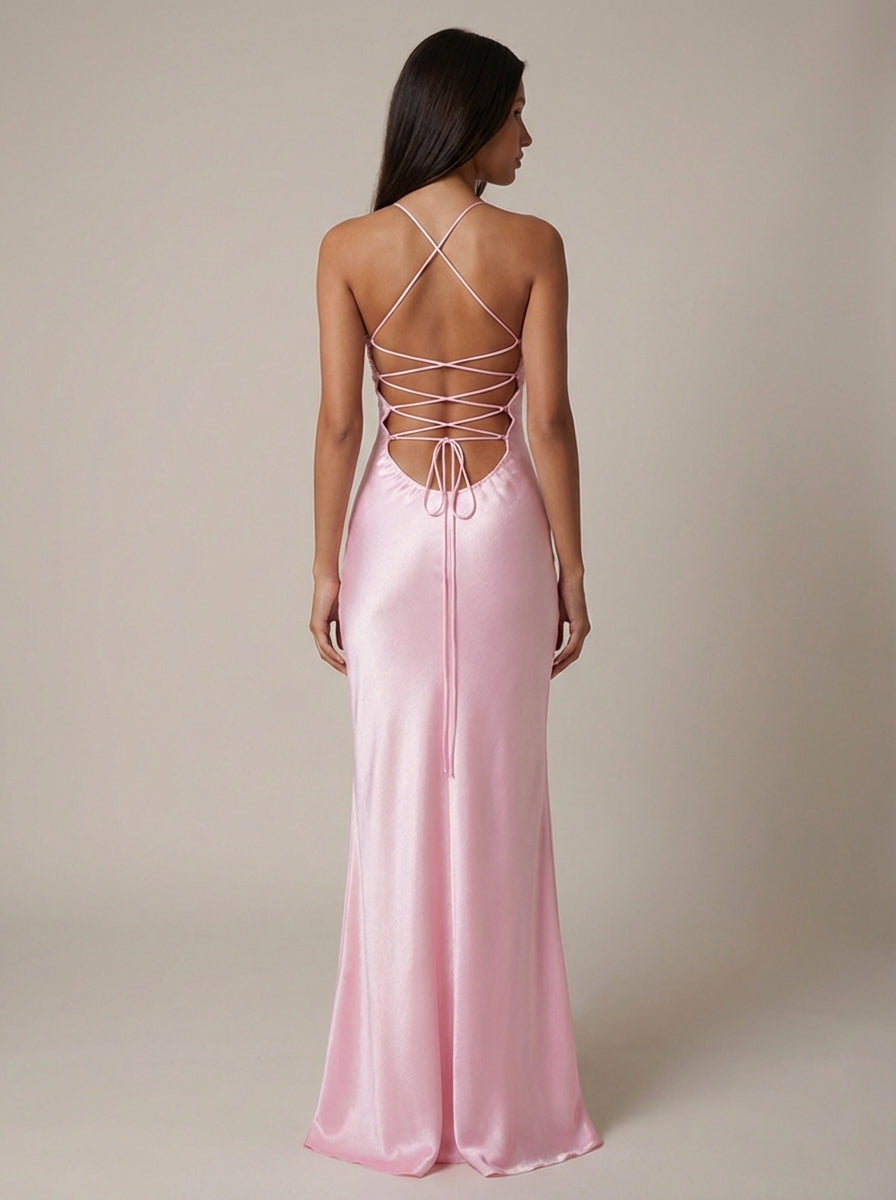 Back view pink satin maxi dress with open back, crisscross straps and lace-up tie detail