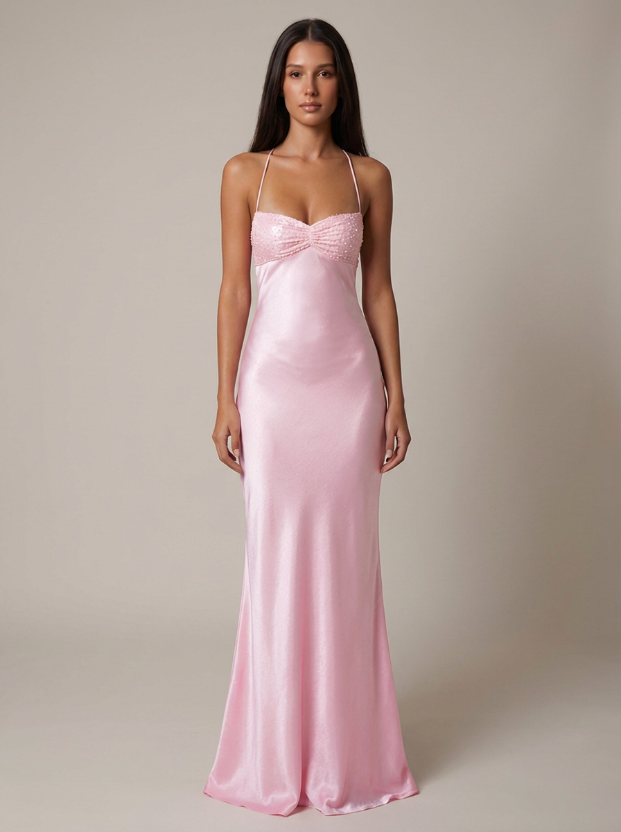 Pink satin maxi dress front view with beaded sweetheart bodice and thin halter straps