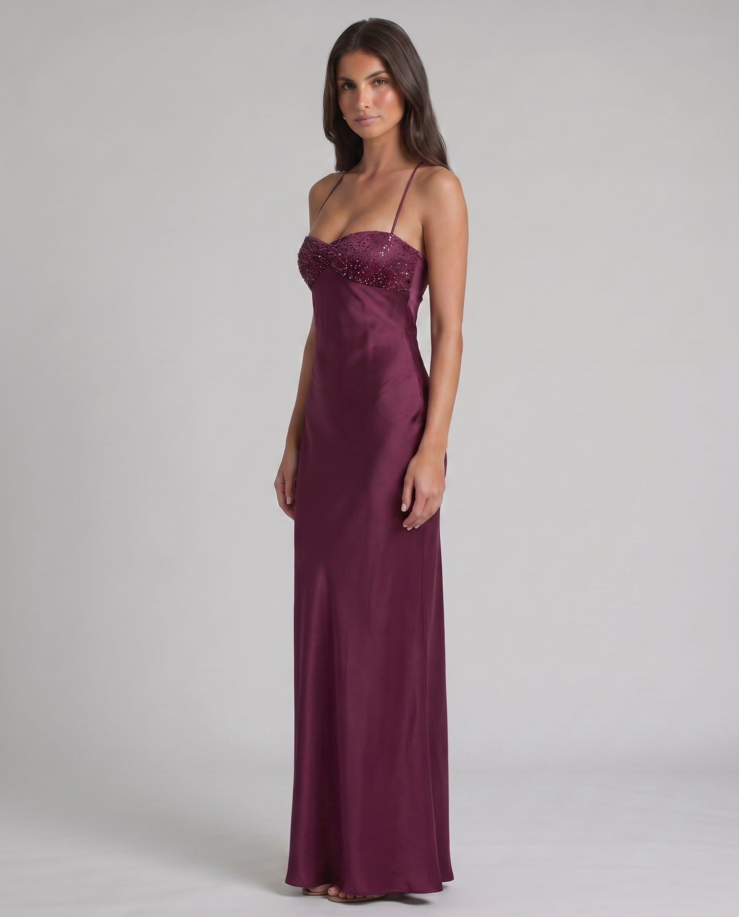 Rhinestone beadwork texture on purple maxi dress bodice with satin underbust seam detail