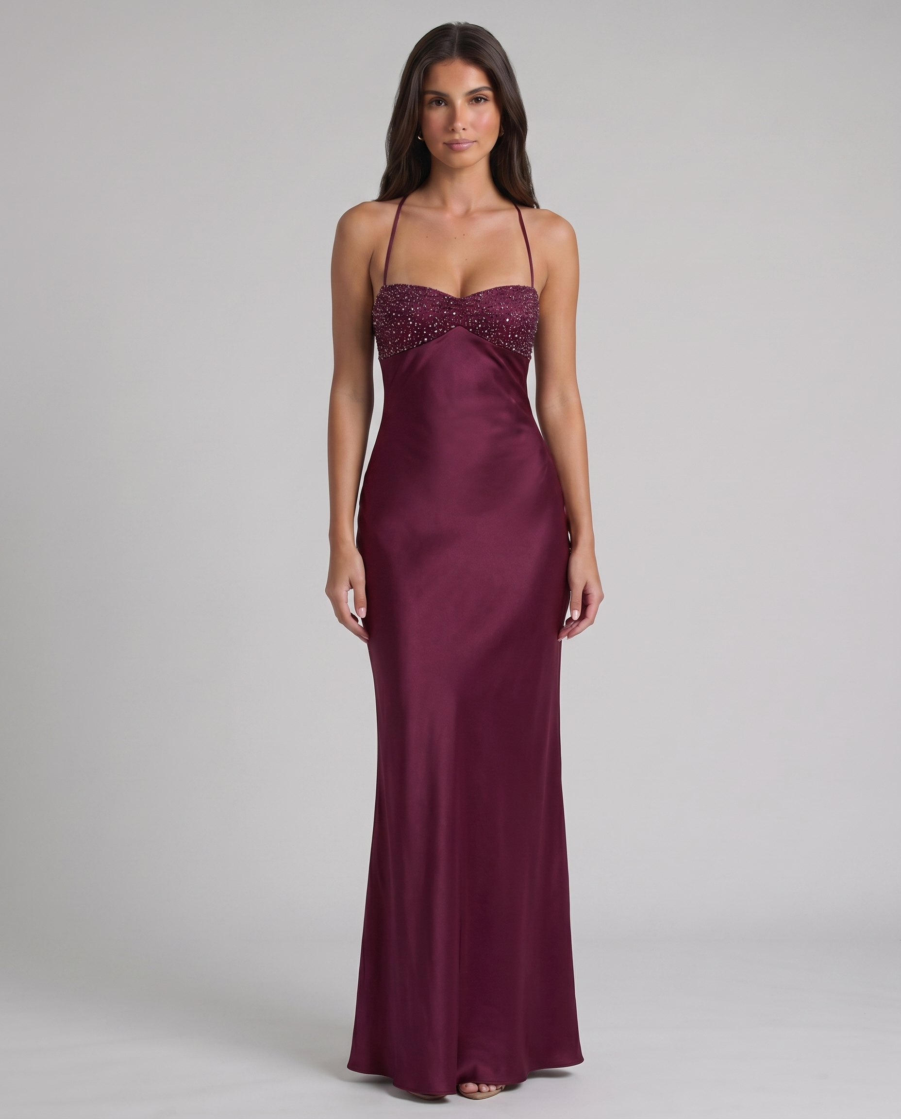 Purple satin Jade maxi dress with beaded sweetheart bodice and thin spaghetti straps, front view
