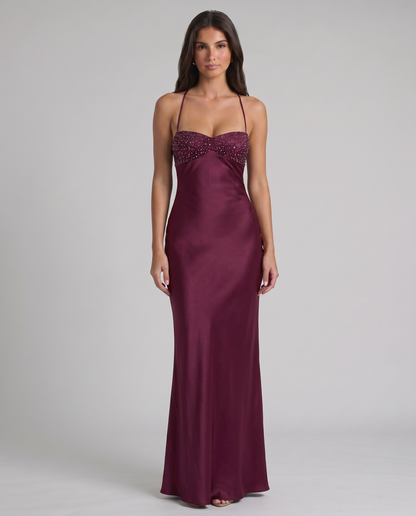 Purple satin Jade maxi dress with beaded sweetheart bodice and thin spaghetti straps, front view