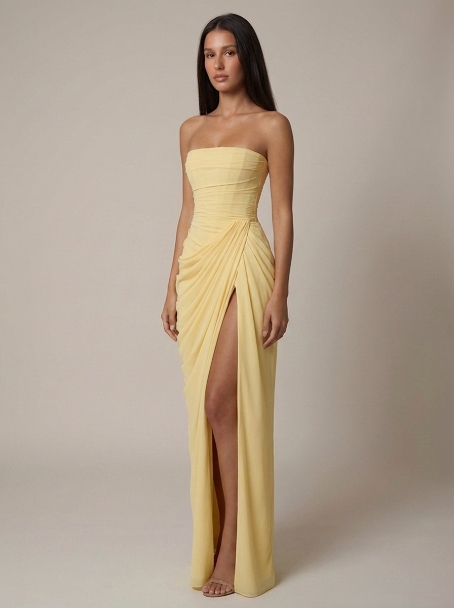 Angled front view of yellow maxi dress showing fitted strapless bodice and draped hip detail