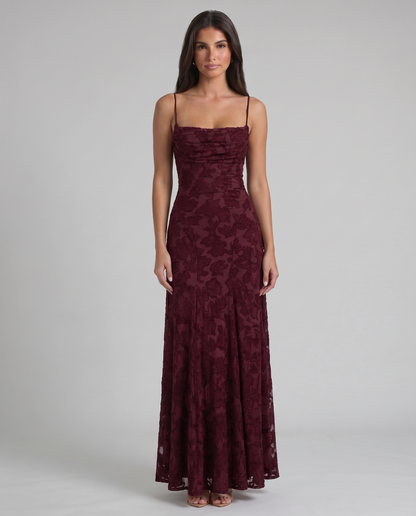 Front view burgundy floral burnout maxi dress with spaghetti straps and straight neckline