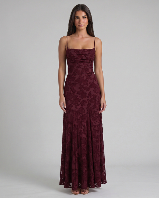 Front view burgundy floral burnout maxi dress with spaghetti straps and straight neckline