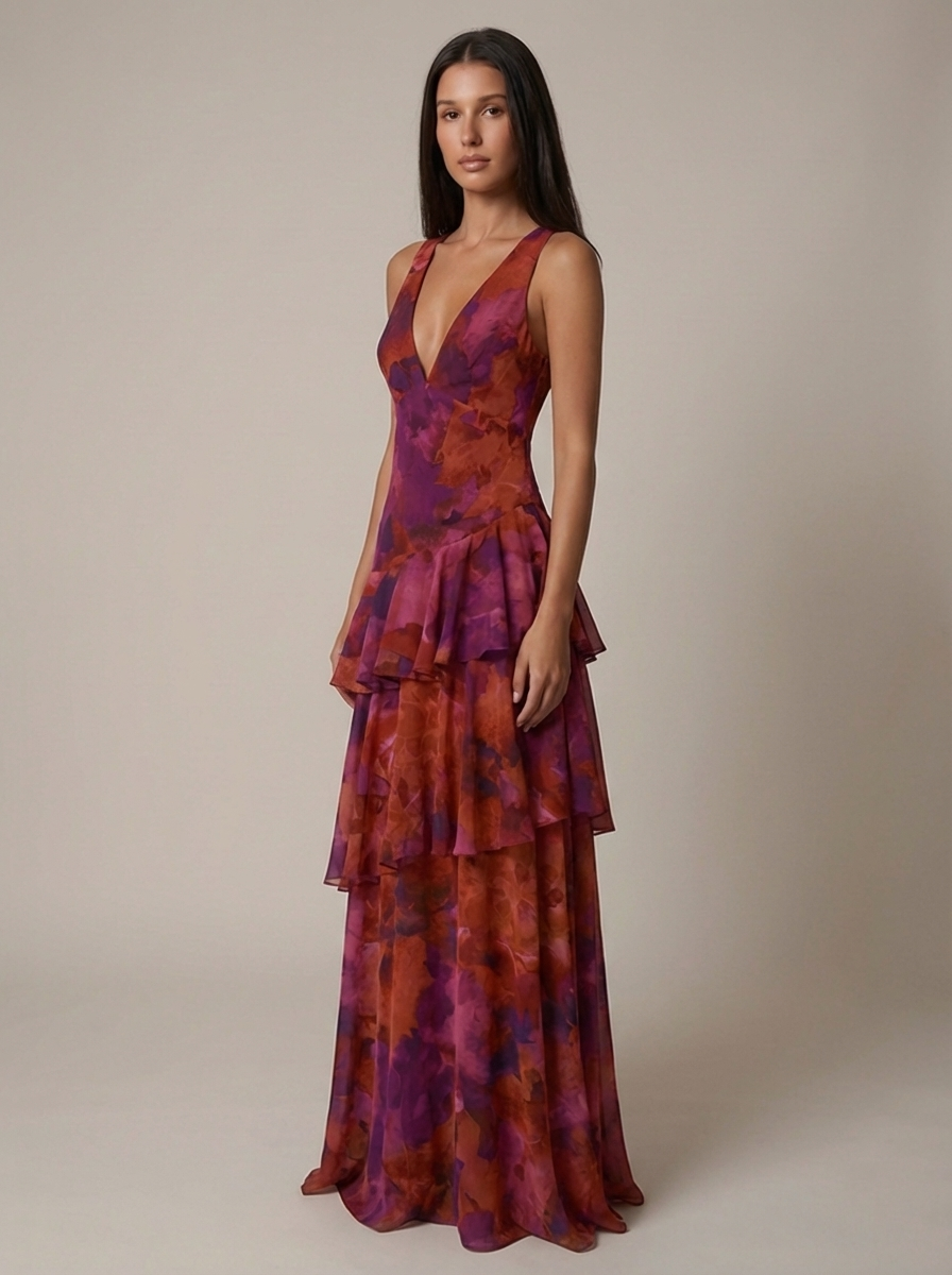 Three-quarter view of purple floral maxi dress, sleeveless plunge neckline and layered skirt