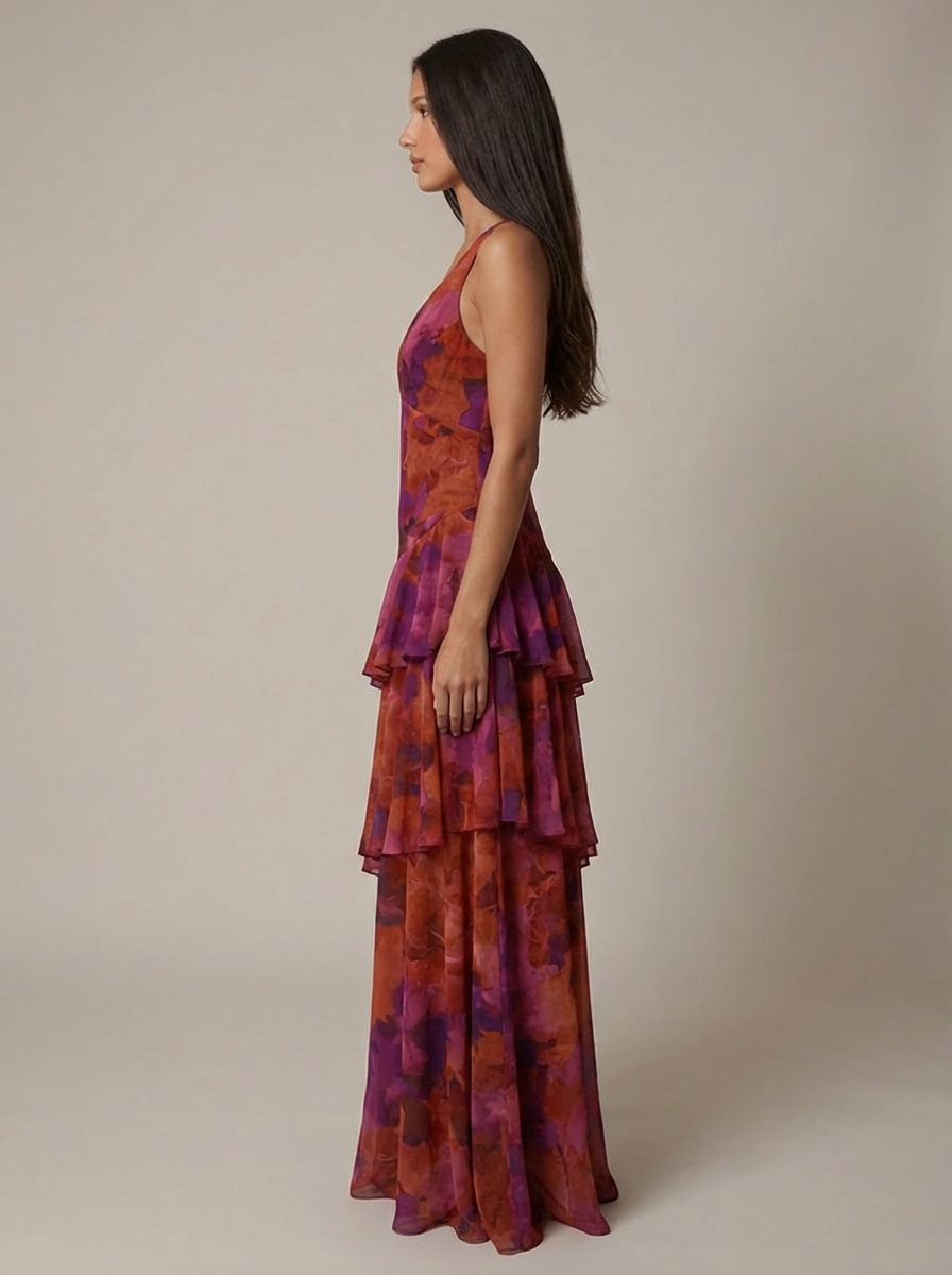 Side profile purple printed maxi dress showing fitted bodice and cascading tiered ruffles