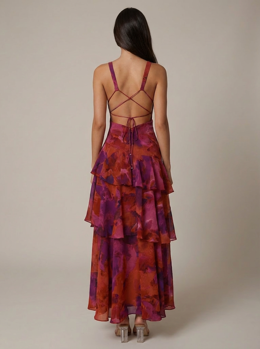 Rear angle of purple floral maxi dress highlighting strappy open back and sheer layered hem