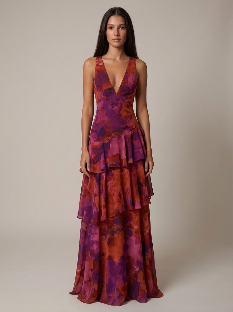 Front full-length purple maxi dress with abstract floral pattern, sleeveless bodice and ruffled tiers
