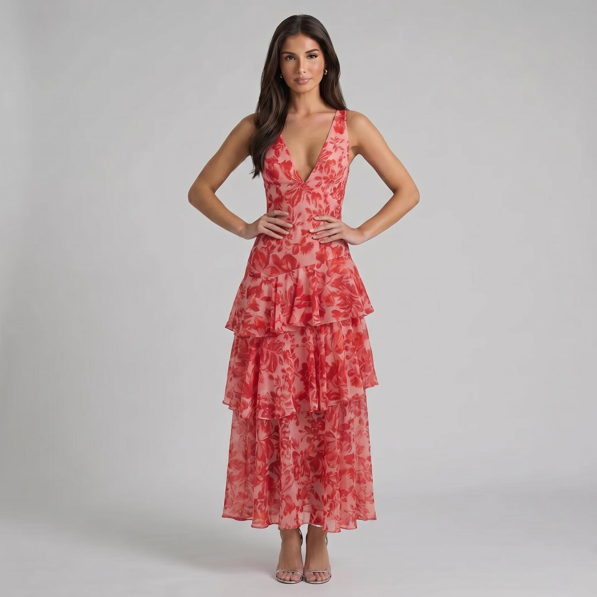 Front view red floral maxi dress with deep V-neck and tiered ruffle chiffon skirt