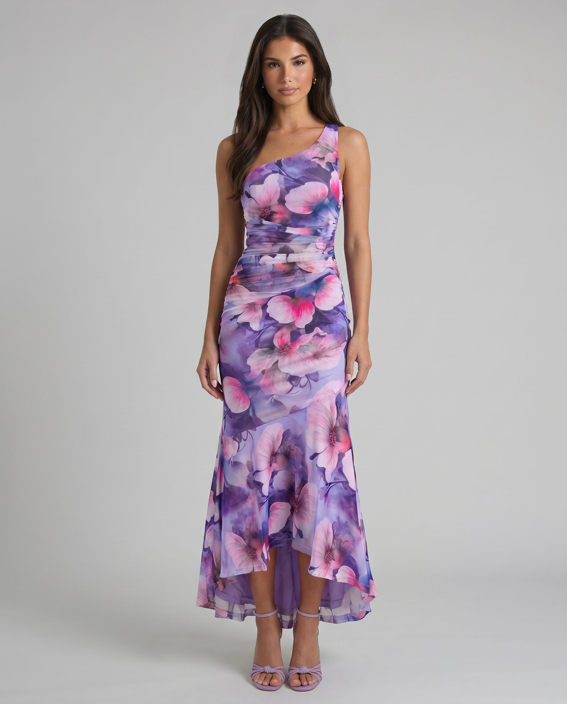 Purple floral one-shoulder maxi dress with ruched bodice and high-low hem, front view