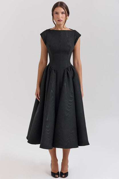 Black midi dress with bateau neckline, cap sleeves, fitted bodice and full pleated skirt, front view