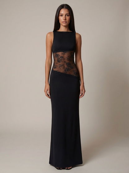 Black sleeveless maxi dress with sheer lace waist panel, straight neckline, full-length skirt
