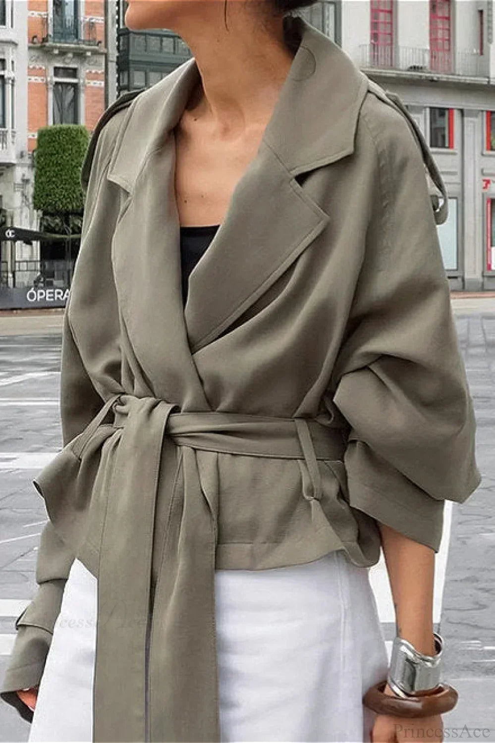 Women green wrap jacket with notch lapel, epaulettes and tie belt