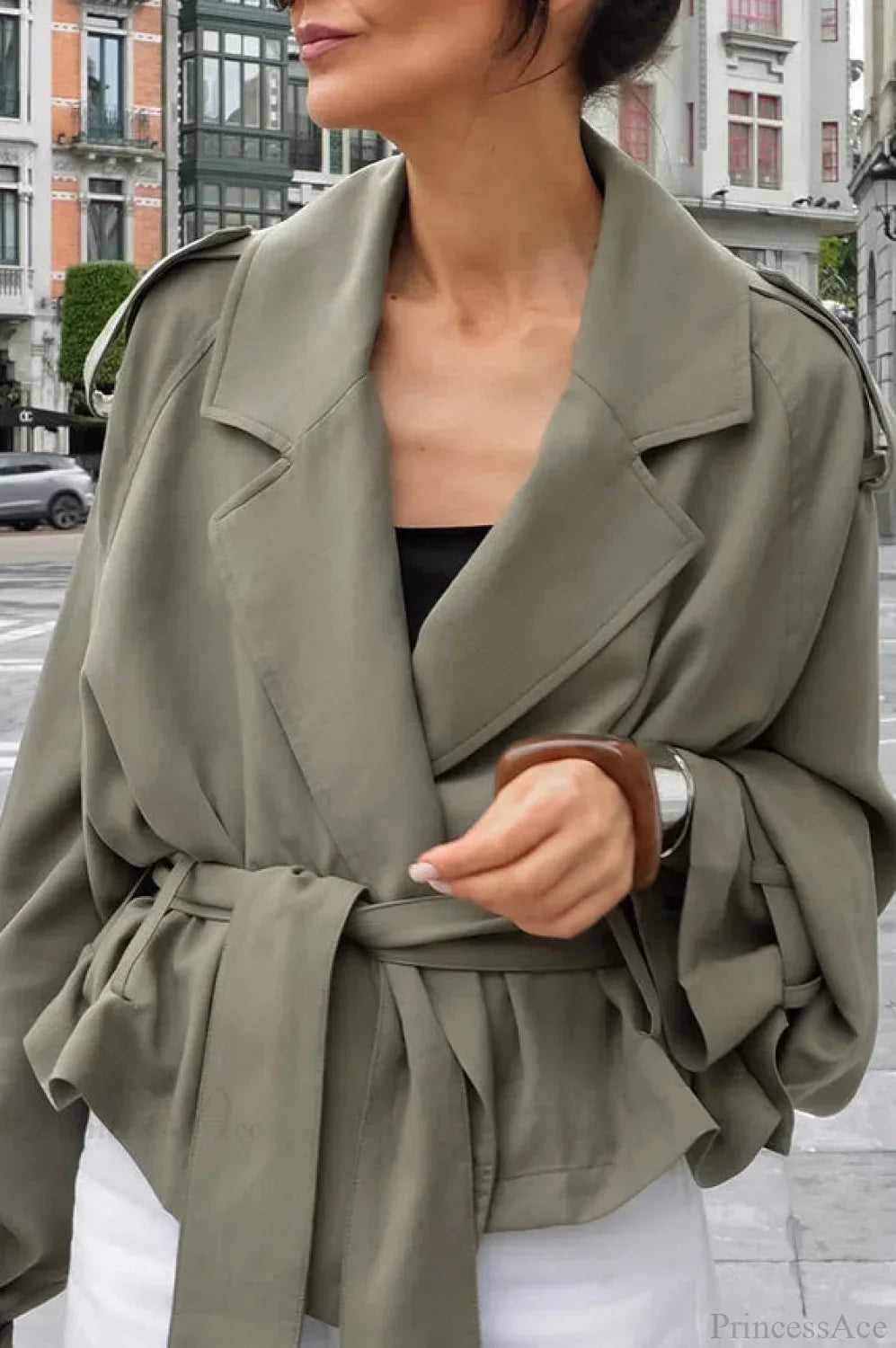 Women green wrap jacket with notch lapel, epaulettes and tie belt