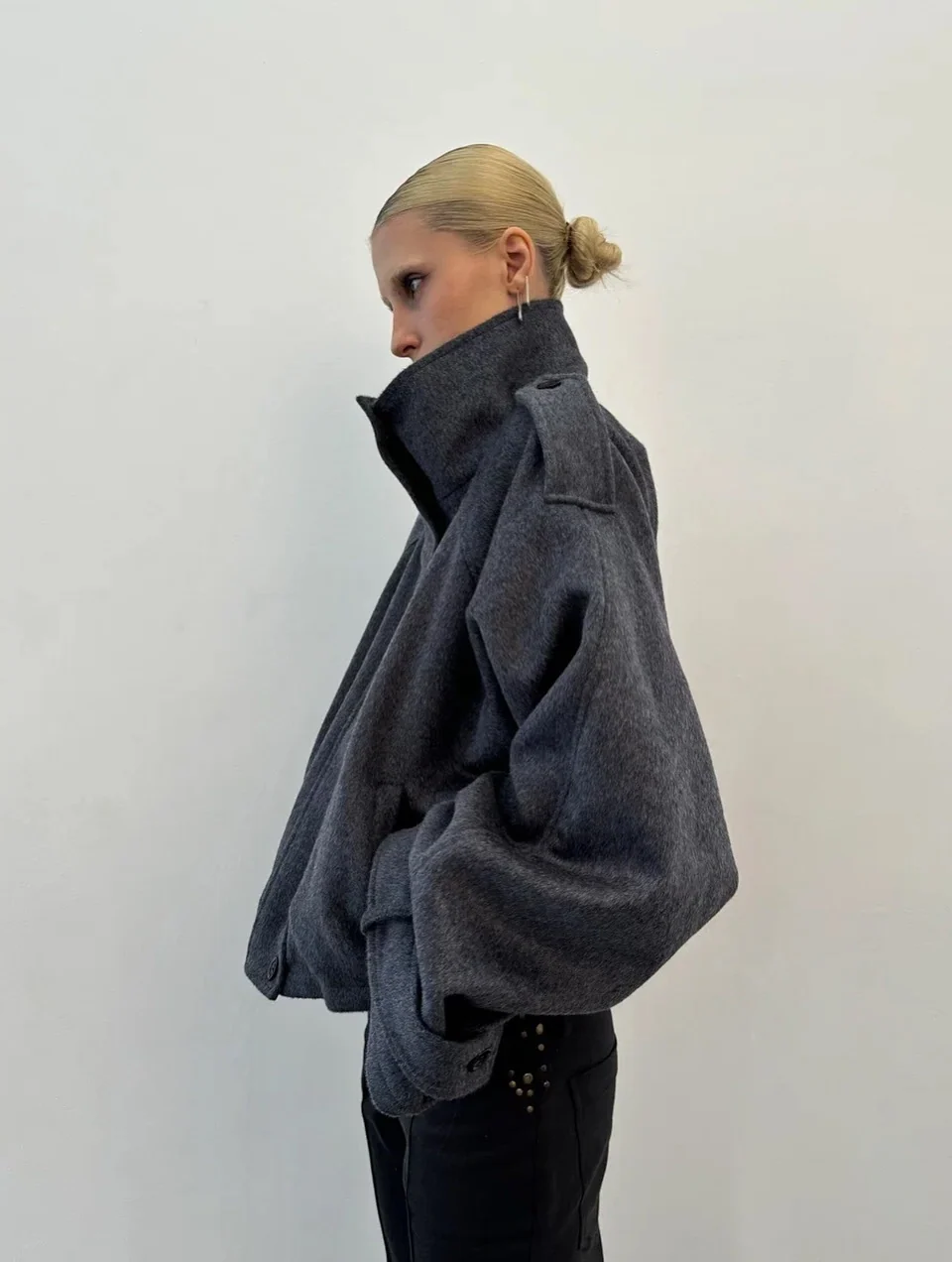Women gray oversized wool jacket with funnel collar and concealed front