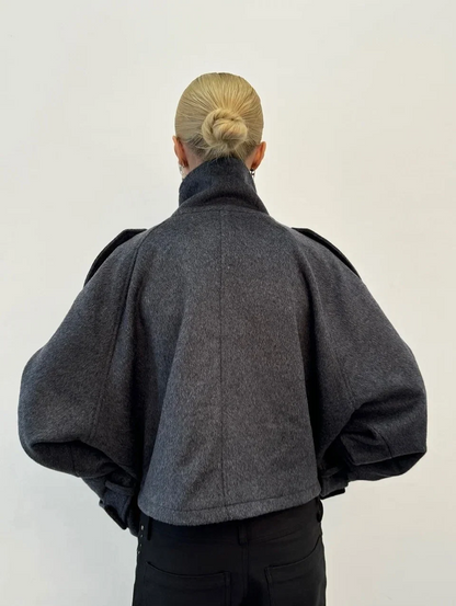 Women gray oversized wool jacket with funnel collar and concealed front