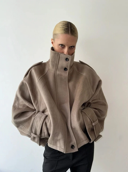Women gray oversized wool jacket with funnel collar and concealed front