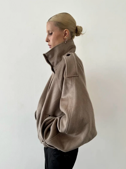 Women gray oversized wool jacket with funnel collar and concealed front