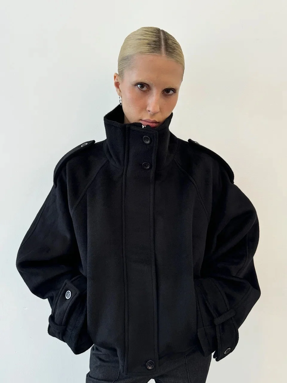 Women gray oversized wool jacket with funnel collar and concealed front