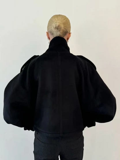 Women gray oversized wool jacket with funnel collar and concealed front