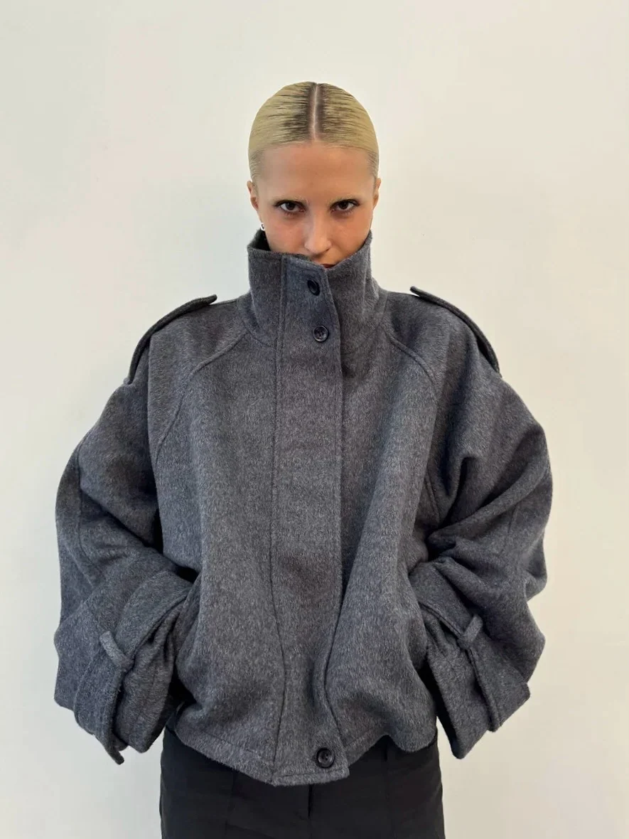 Women gray oversized wool jacket with funnel collar and concealed front