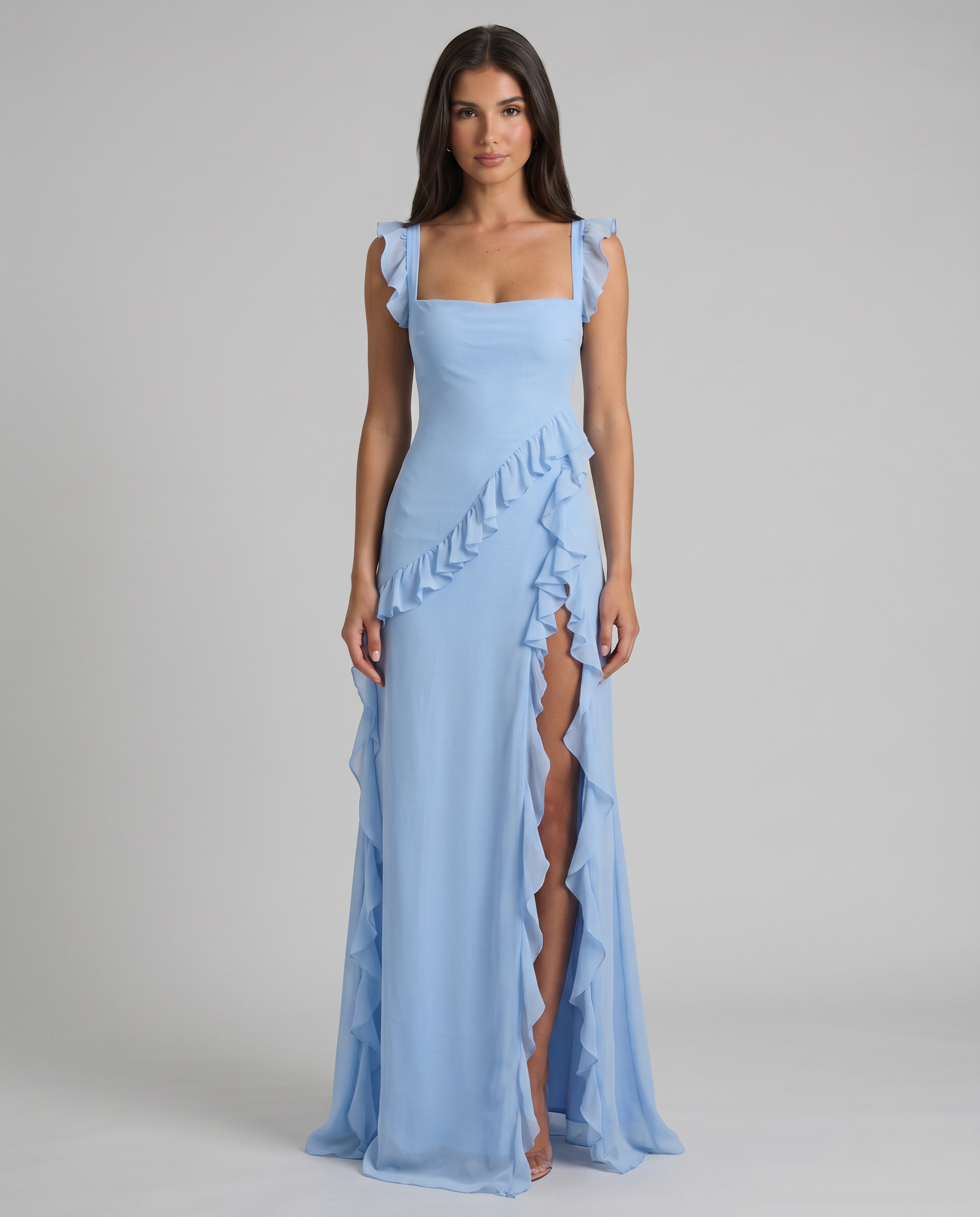 Front full-length light blue maxi dress with asymmetrical ruffle wrap, high slit and flowy hem