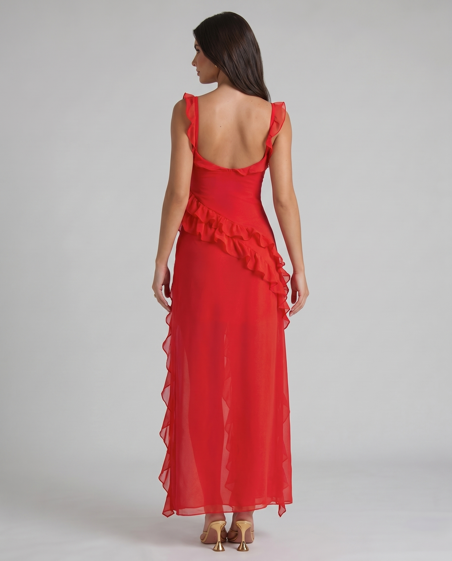 Back view red maxi dress with low scoop back, ruffle strap detail and flowing sheer hem