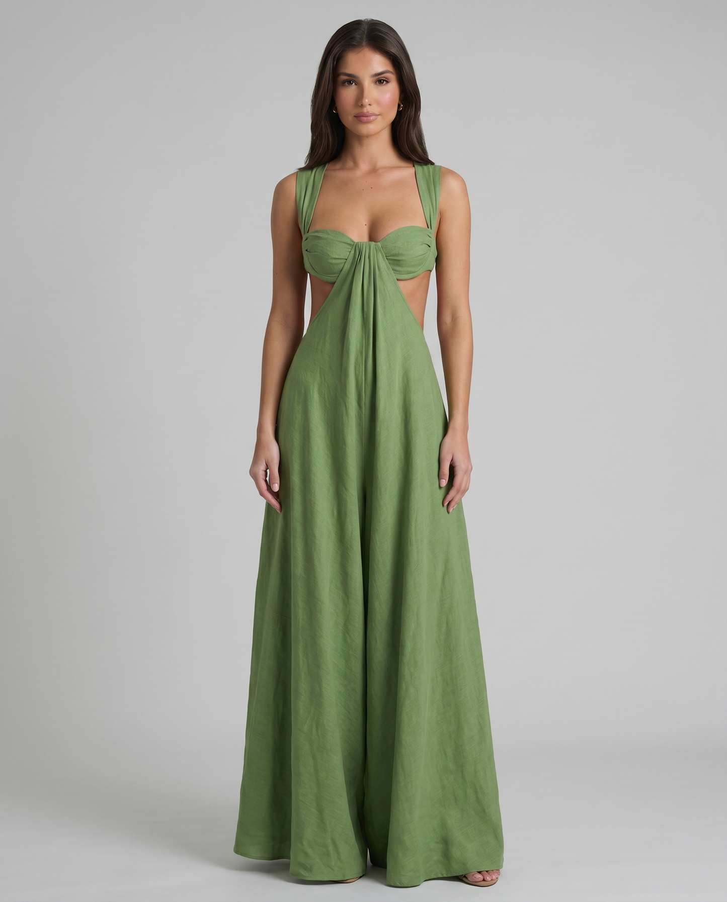 Green maxi dress front view with sweetheart bustier, wide straps, and draped center panel
