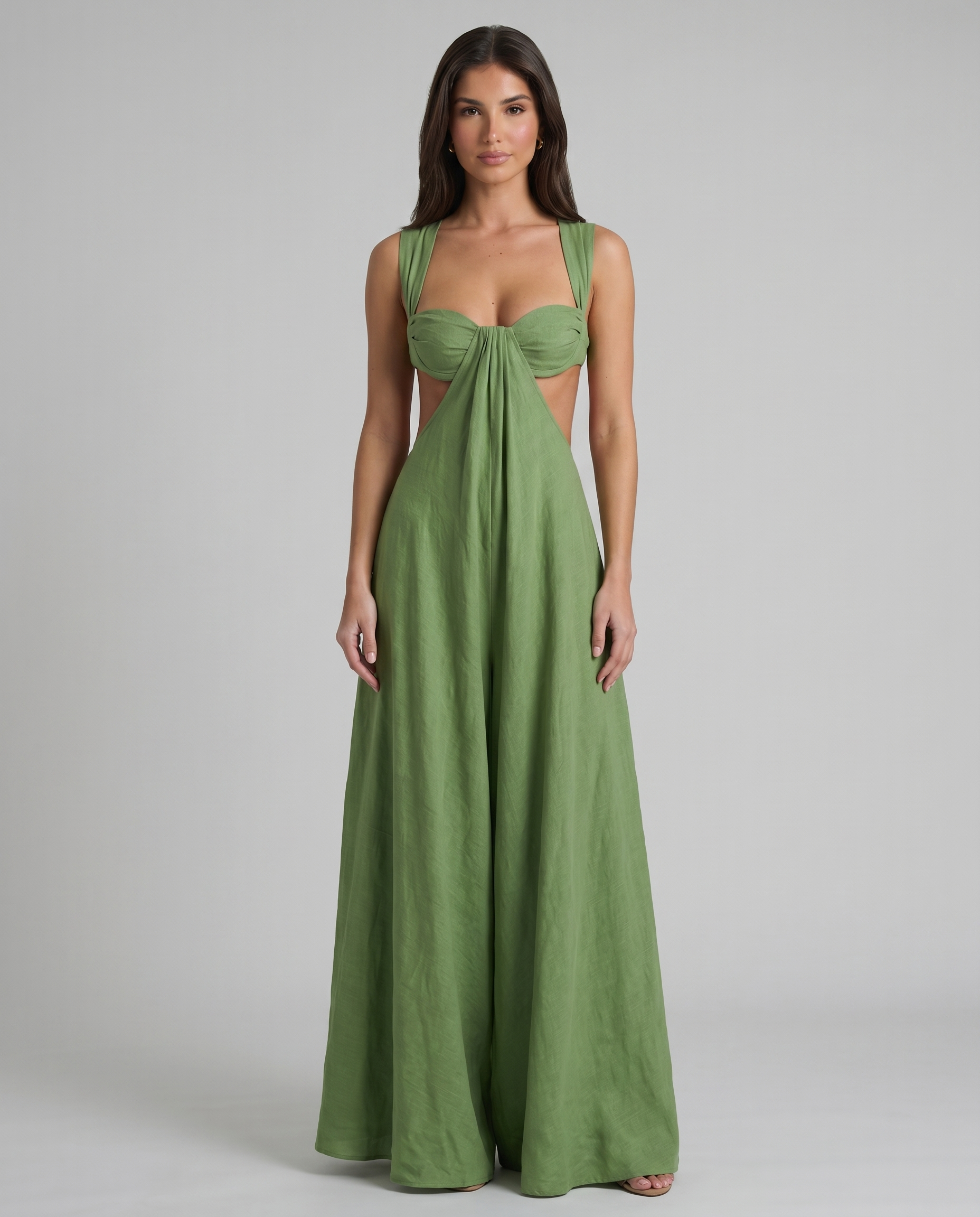 Green maxi dress front view with sweetheart bustier, wide straps, and draped center panel