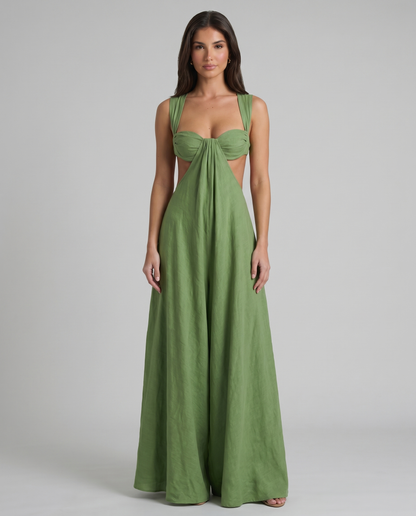 Green maxi dress front view with sweetheart bustier, wide straps, and draped center panel