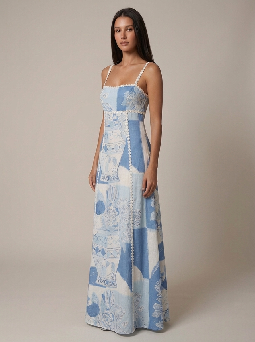 Three-quarter view of blue patchwork print midi dress with fitted bodice and lace trim detail