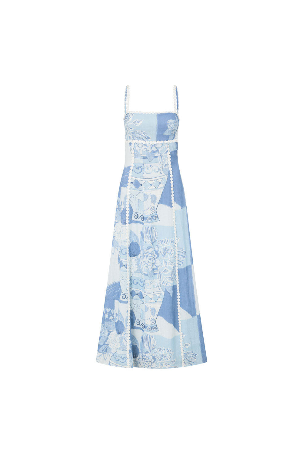 Product-only front view of blue and white printed midi dress with lace straps on white background