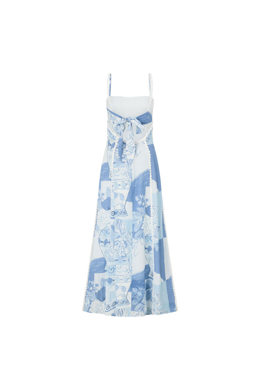 Product-only back view of blue and white midi dress with open back and large tied bow detail