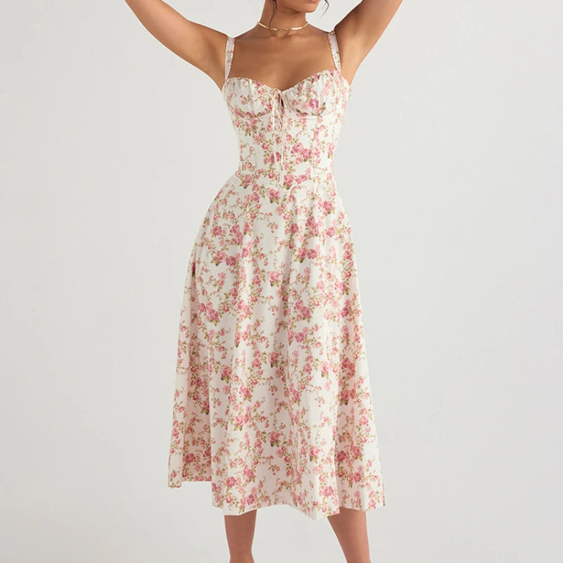 Women orange corset midi dress with sweetheart bust and flared skirt