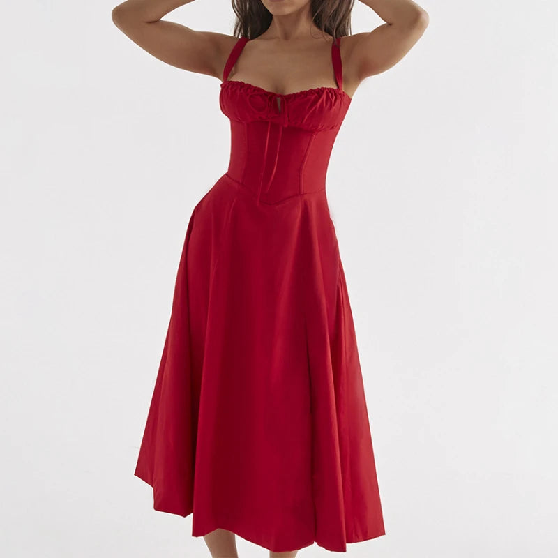 Women orange corset midi dress with sweetheart bust and flared skirt
