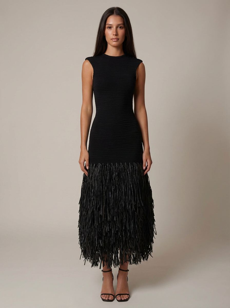 Front view black bodycon midi dress with cap sleeves and long fringe skirt ending mid-calf