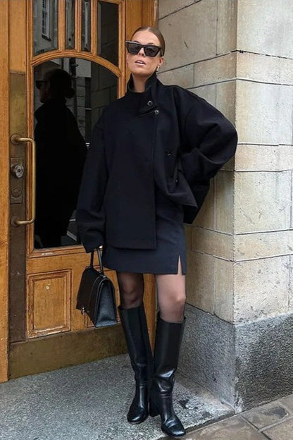 Women gray wool jacket with asymmetric button front and stand collar