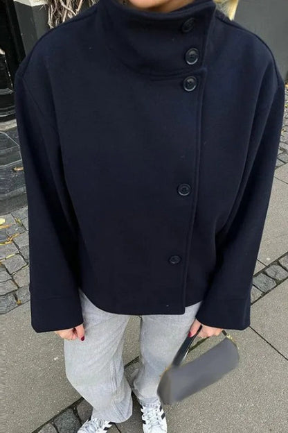 Women gray wool jacket with asymmetric button front and stand collar