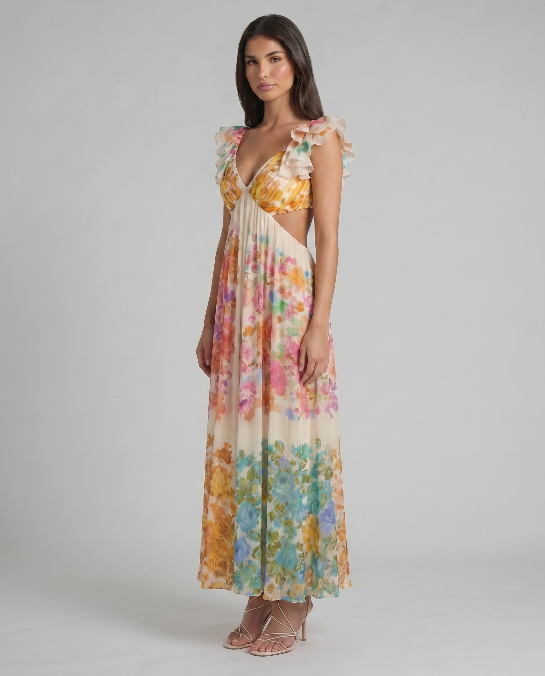 Angled view of multicolor floral midi dress with side cutout waist and ruffled shoulders