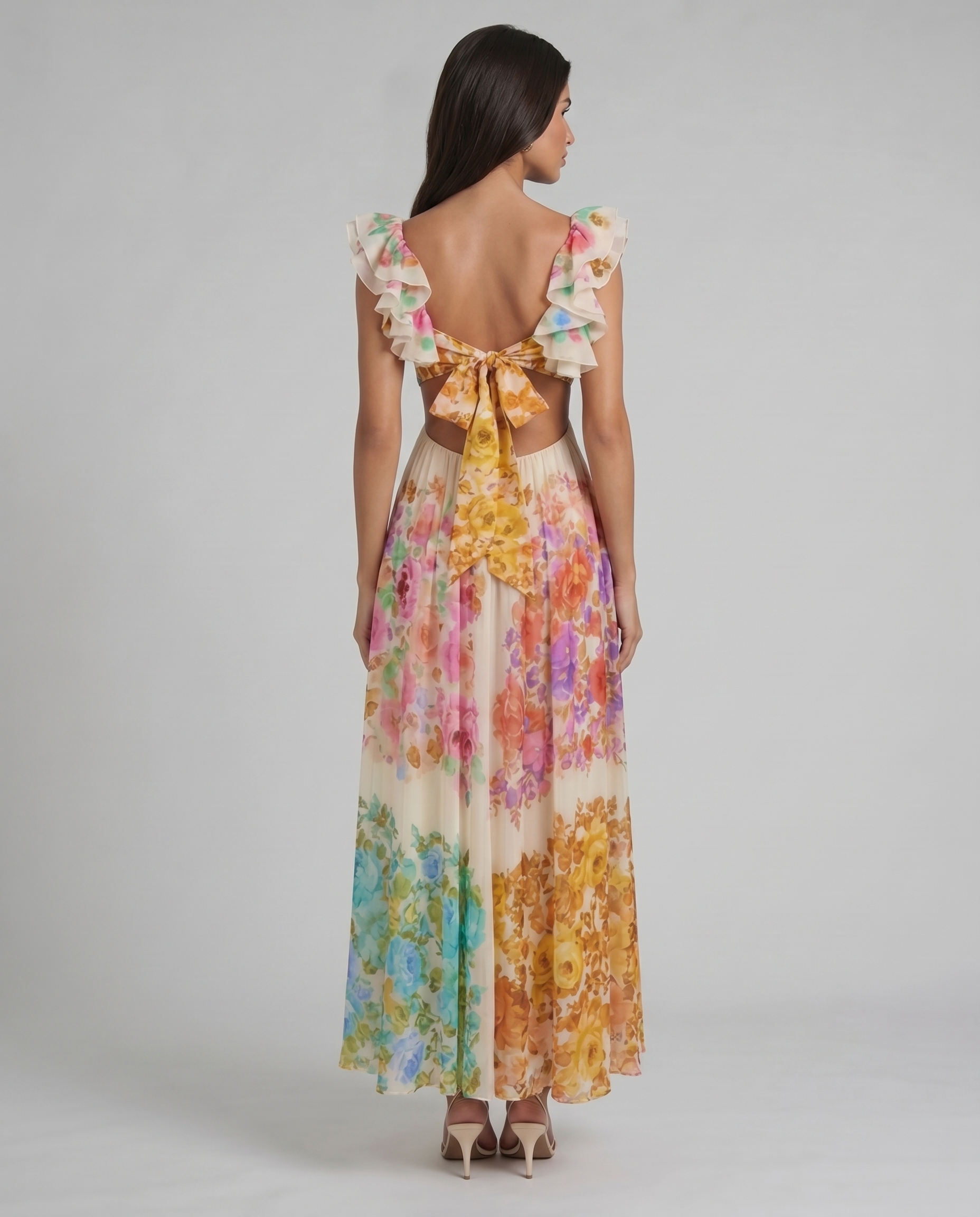 Back view multicolor floral midi dress showing open back and large bow tie with ruffle sleeves