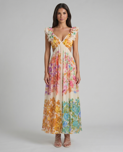 Multicolor floral midi dress with ruffle cap sleeves, deep V-neck and pleated skirt front