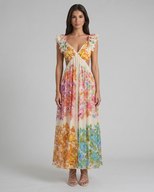 Multicolor floral midi dress with ruffle cap sleeves, deep V-neck and pleated skirt front