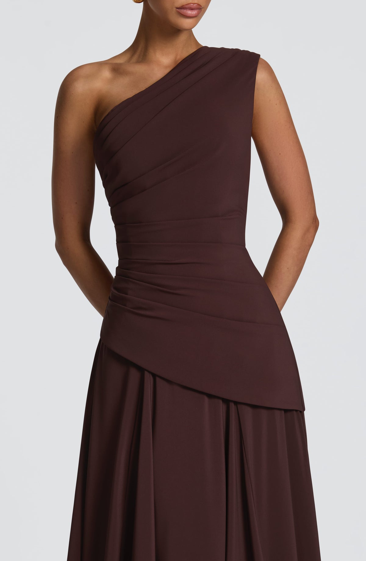 Reign Ruched Maxi Dress – Brown
