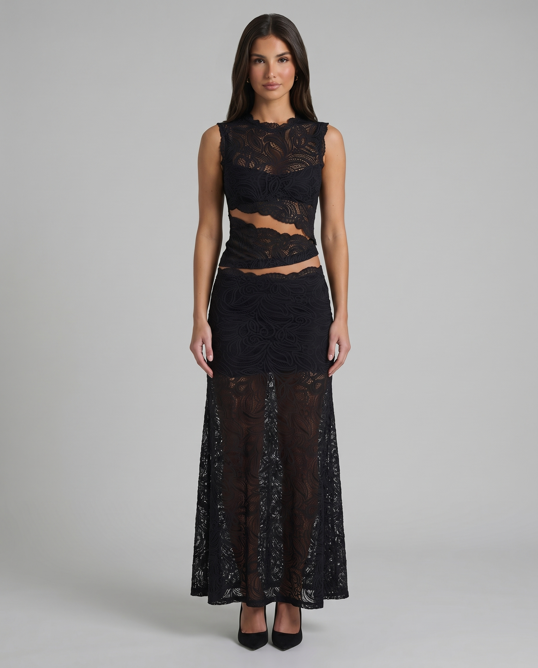 Black lace two-piece set with sleeveless high neck top and sheer maxi skirt, front view